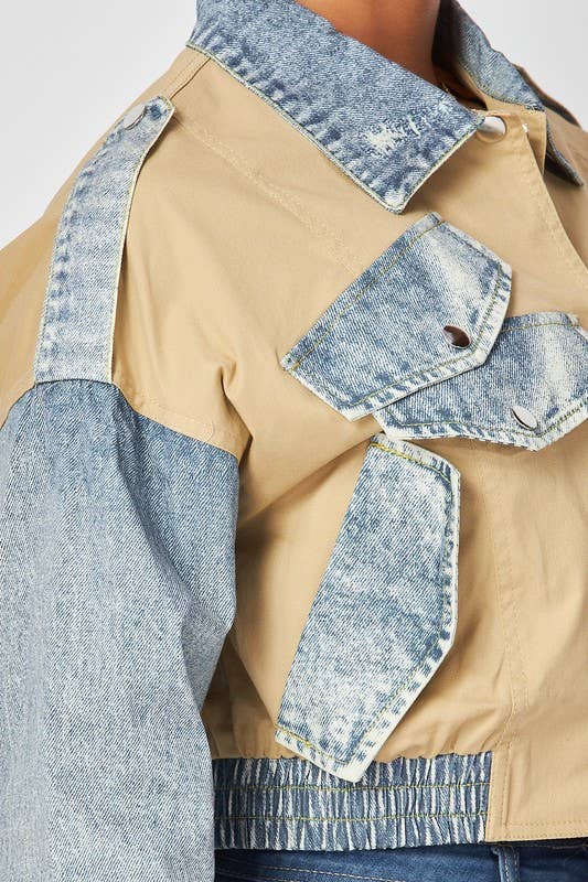 House of E ATL LLC – wholesale Denim jacket – Women's – Denim Contrast Crop Button Up Jacket - HOEA9743