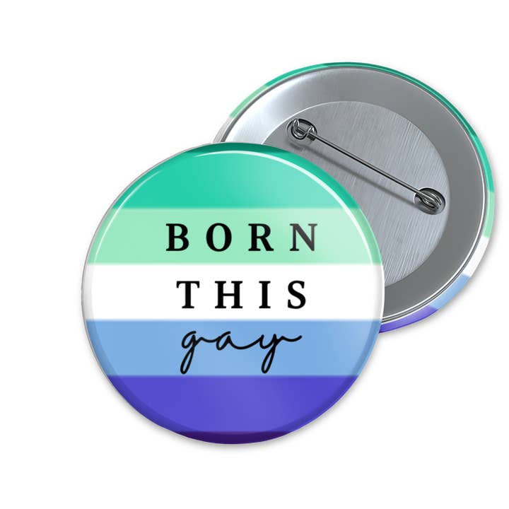 "Born This Gay" | Gay Pride Flag | 1-1/4 Inch Pinback Button for wholesale by E. Paganelli Art