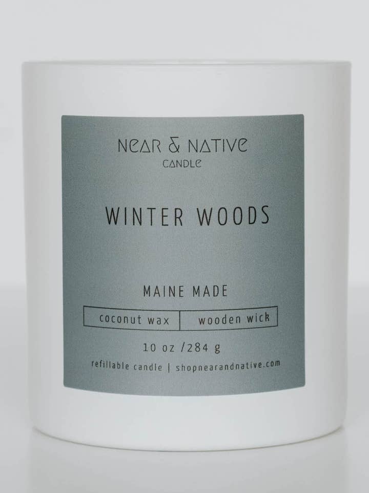10 oz genopfyldeligt lys med trævæge — Vinterskove for engroshandel hos Near & Native Candles