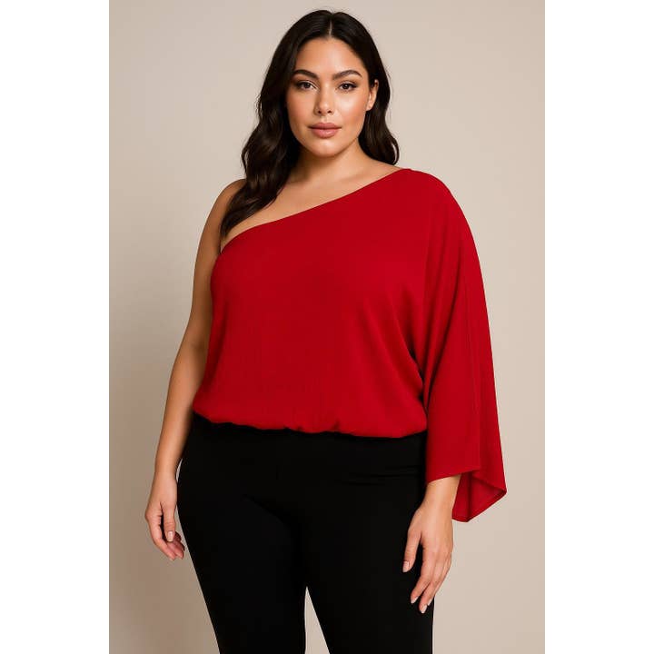 BLOUSE GRANDE TAILLE À UNE ÉPAULE AVEC MANCHES VOLANTES pour la vente par Curve Market