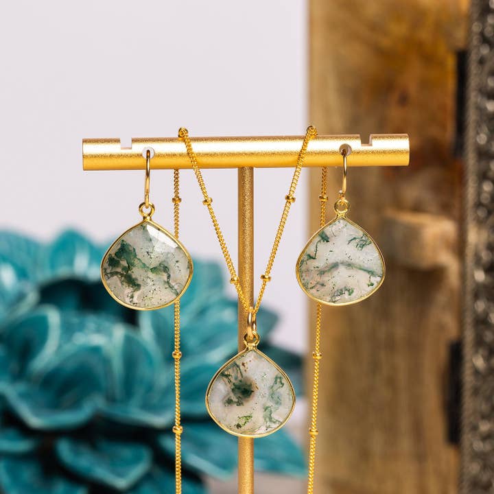 14k Gold Filled Moss Agate Drop Necklace and Earrings SET for wholesale by Soul & Little Rose