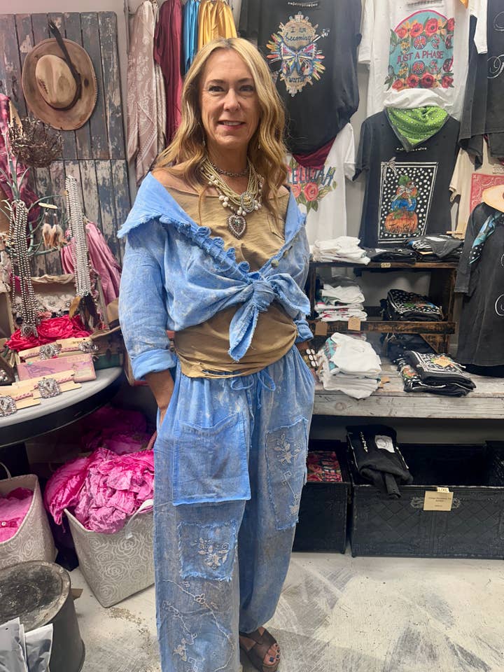 A Rare Bird Shop - Wholesale Pants - Women's - Blue Cross Stitch Genie Pant