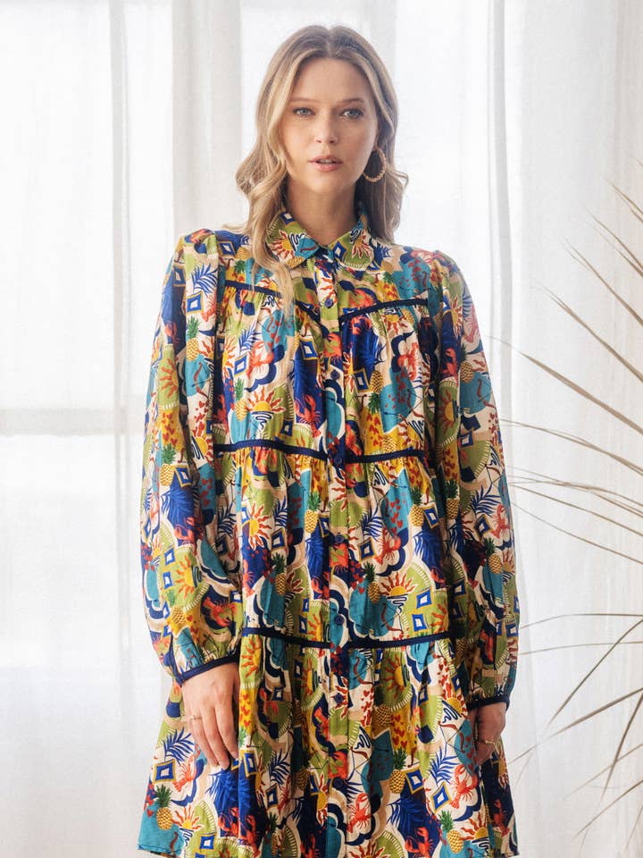 Taupe Multi Conversational Printed Baby Doll Shirt Dress for wholesale on Faire0