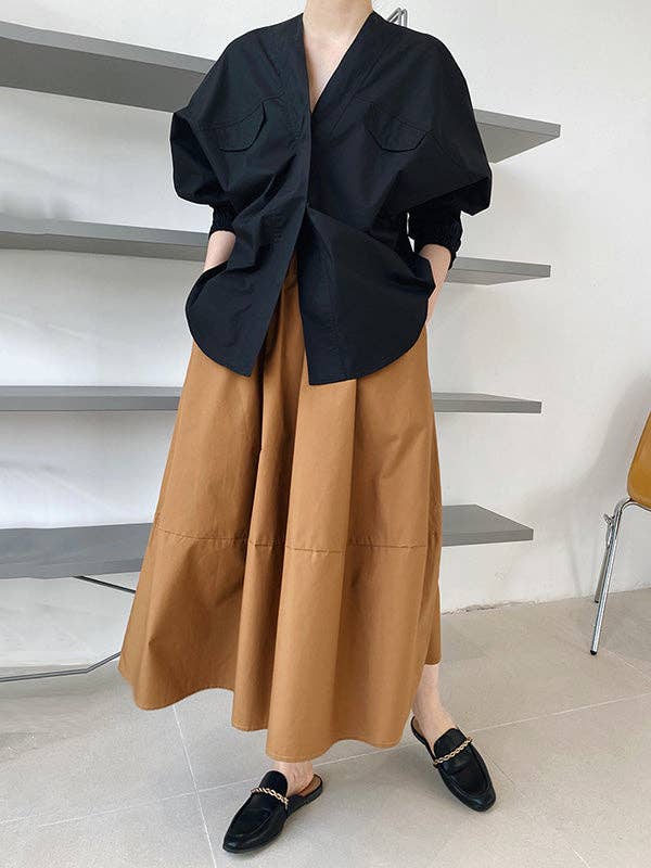 UZ Wholesale Store - Wholesale Button Down Shirt - Women's - Trendy Batwing Sleeves Solid Color V-Neck Blouses21