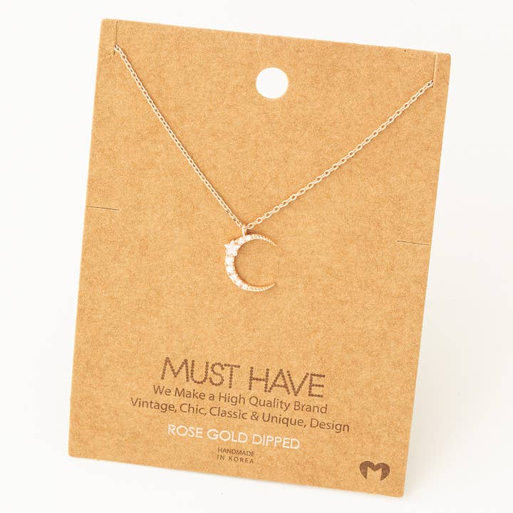 Fame Accessories - Wholesale Pendant/Charm Necklace - Pave Moon Pendant Necklace