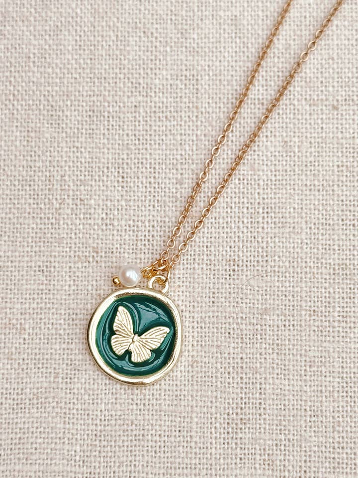 Green Enamel Butterfly Pearl Necklace for wholesale by Gracie Rose Designs