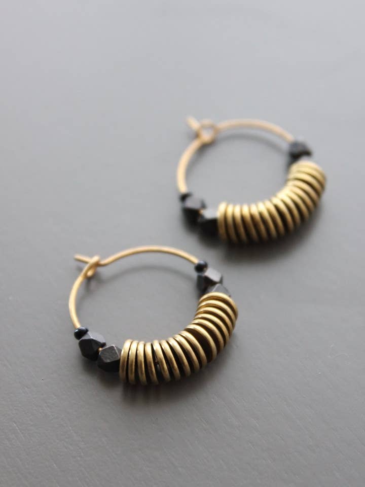 TLDE01 Brass discs and hematite hoop earrings for wholesale by David Aubrey Jewelry