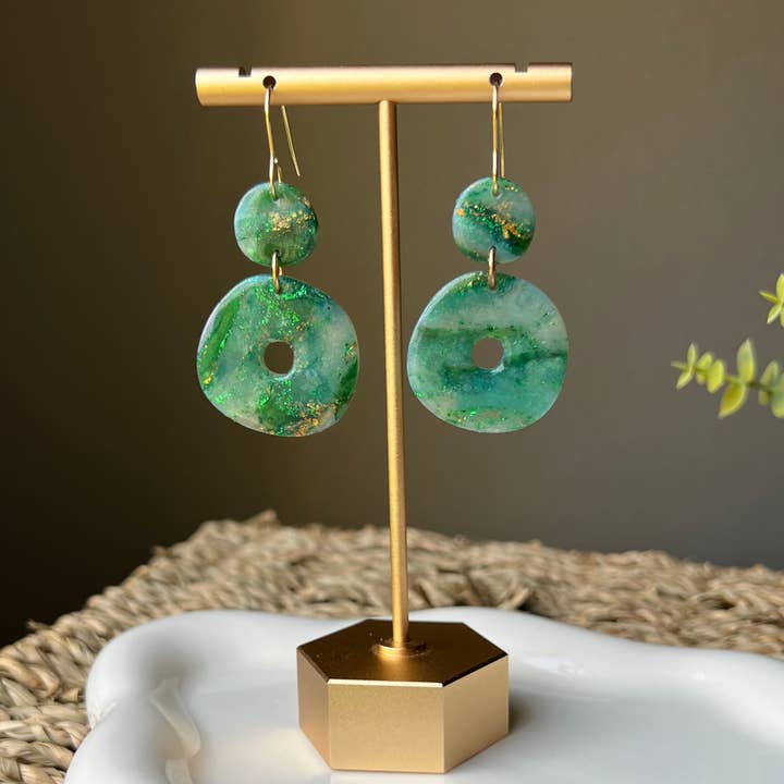 Green Marbled Organic Circle Polymer Clay Earrings for wholesale by Adriana Maria Designs