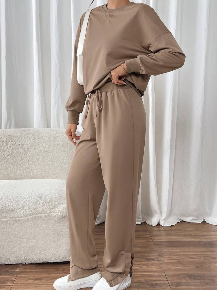 BROWN CWSTB1174_SOLID COLOR ROUND NECK CASUAL SWEATSHIRT SUIT for wholesale on Faire