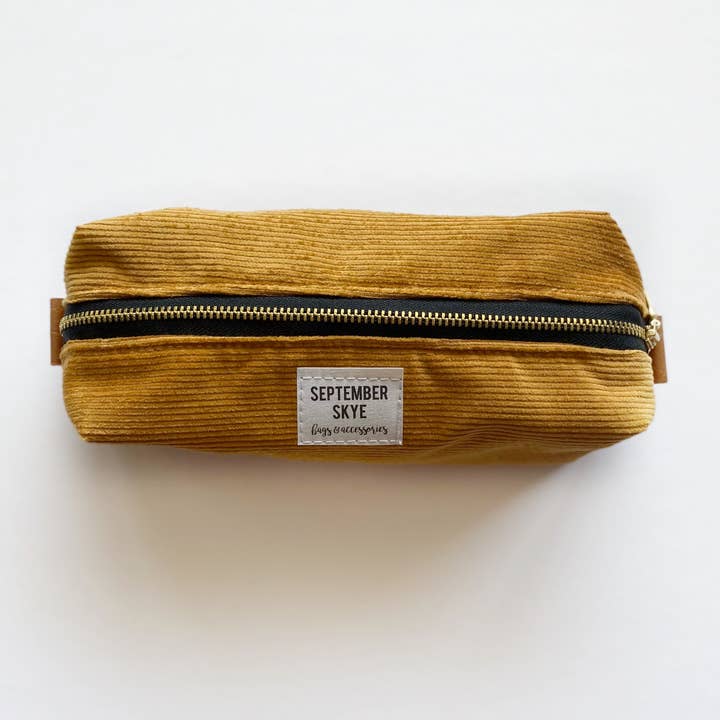 Boxy pencil pouch - brush bag in mustard corduroy for wholesale by September Skye Bags & Accessories