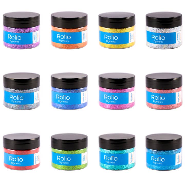 Pure Glitter Set 12 x 15g Colors - 1/64 & 1/128 size for wholesale by Rolio Pigments