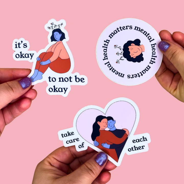 Mental Health Stickers | Inspirational Anxiety Depression Positive Wellness Pink Blue for wholesale by Faebelle Haven