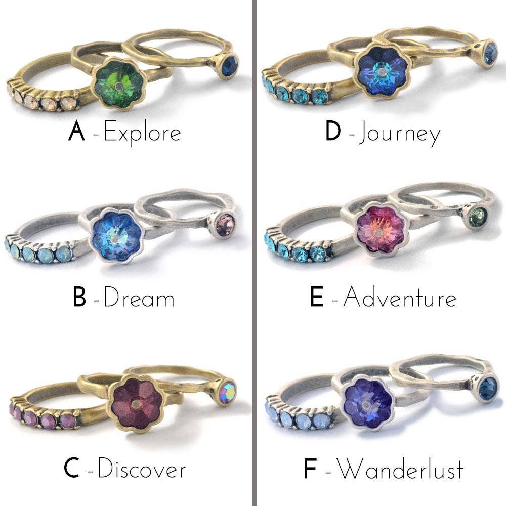 Sweet Romance Jewelry – Conjunto de joias por atacado – Conjunto de 3 Anéis Empilháveis de Cristal com Flores Vintage R5659