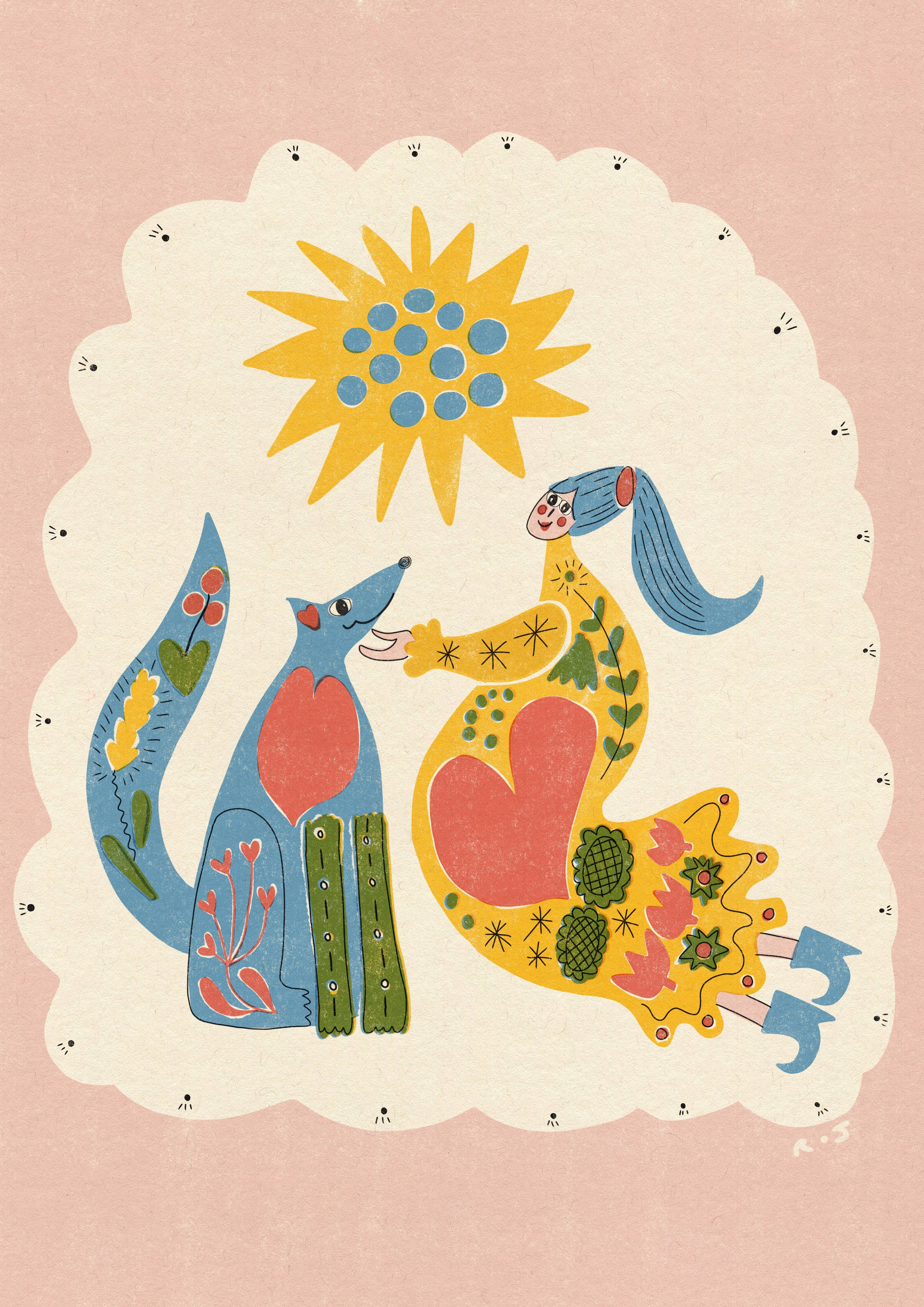 Rebecca Joy Ltd - Vendita all'ingrosso Stampa artistica - 'Madre' | Folk | Boho | Colorato | Cane e Femmina | Stampa in Stile Risograph1