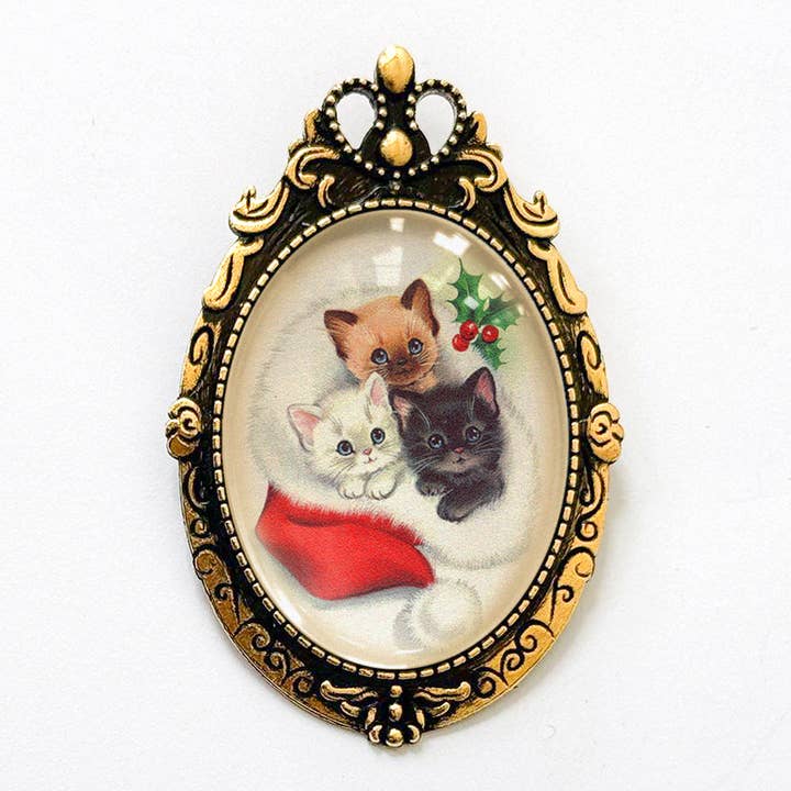 Vintage Christmas Kittens Brooch Gold or Silver Holiday for wholesale by Asunder Bazaar
