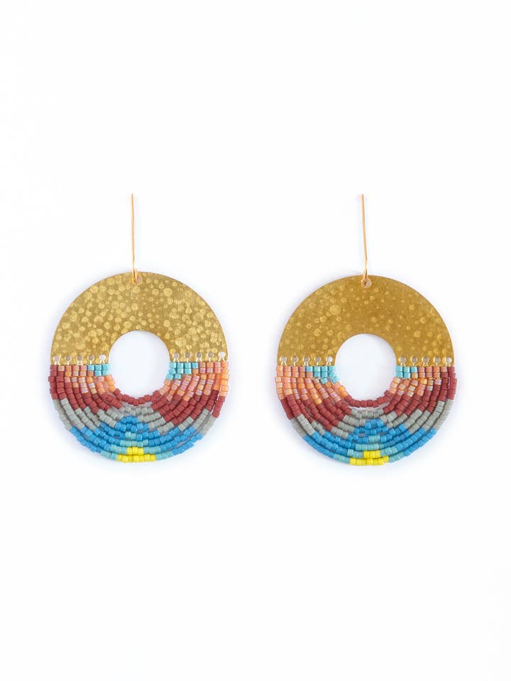 Beaded Handwoven Organic Circular Fringe Earrings (Blue) for wholesale by Mayana Designs Co