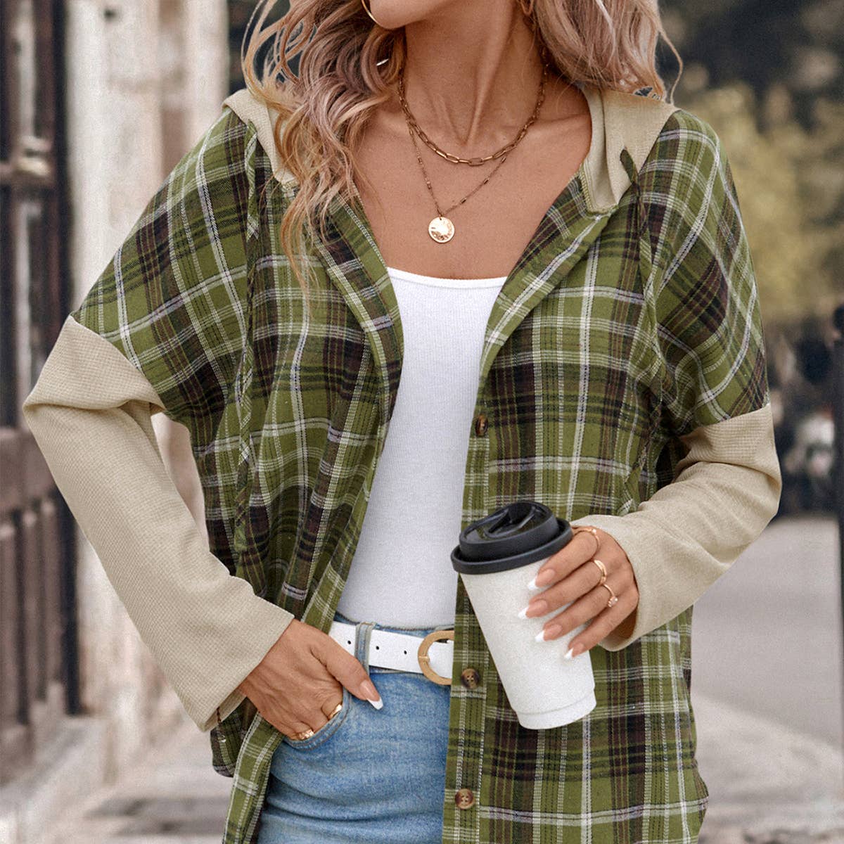 Green Plaid long-sleeved hooded patchwork shirt for wholesale on Faire2