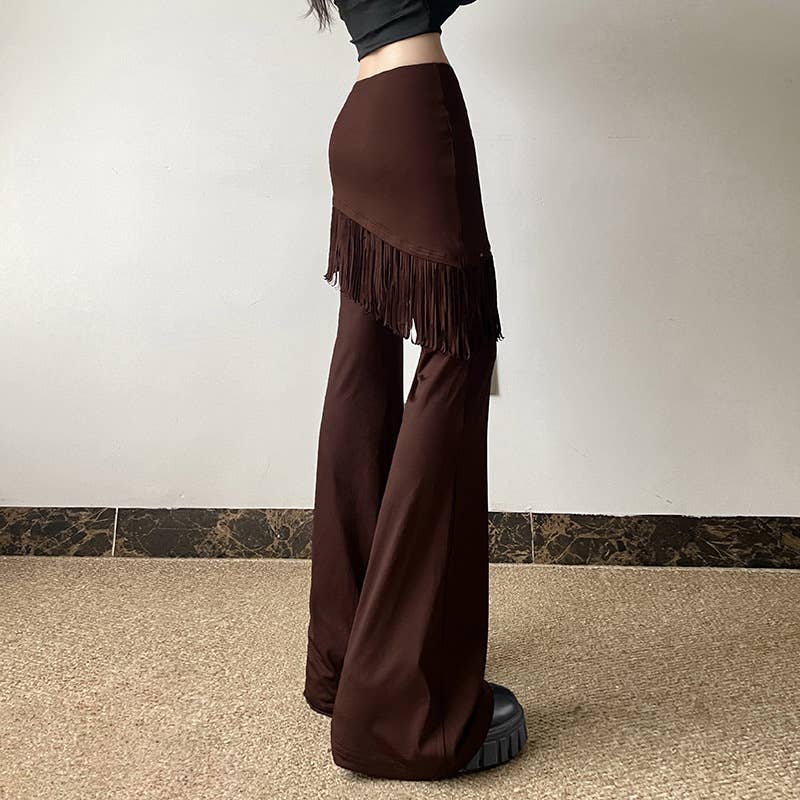BROWN SOLID COLOR CASUAL BELL BOTTOMS WITH FRINGE DROP for wholesale on Faire3