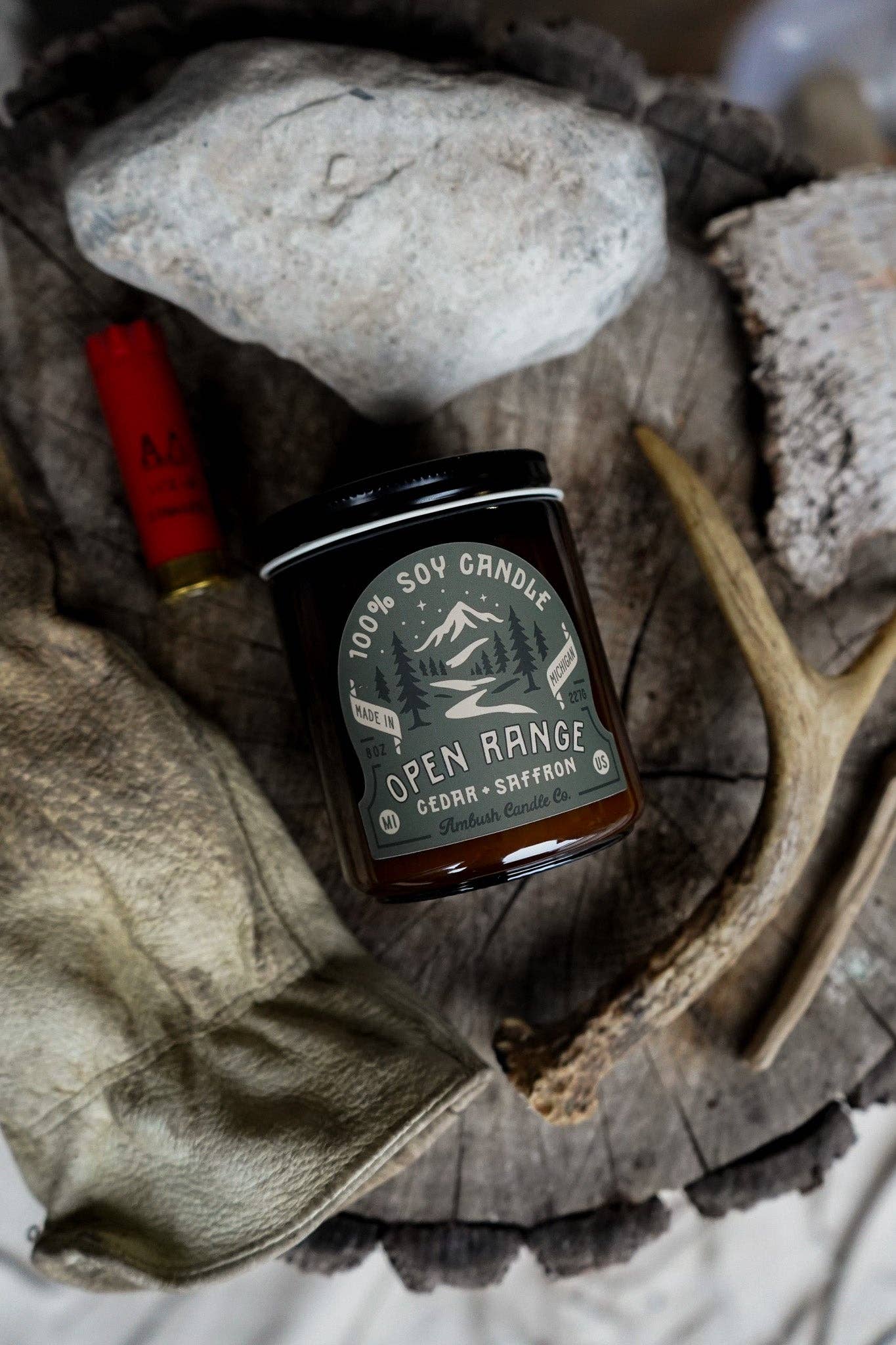 Ambush Candle Co. - Wholesale Jar/Filled Candle - Open Range | Cedar + Saffron 8oz Soy Candle1