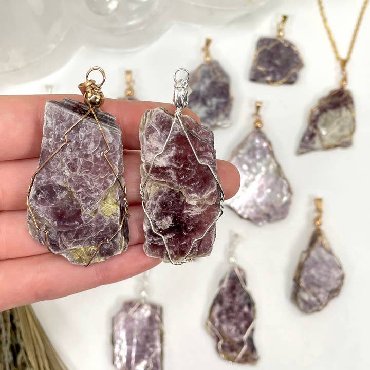 Crystal Lepidolite Wire Wrapped Pendants - Choose Finish for wholesale by Rock Paradise