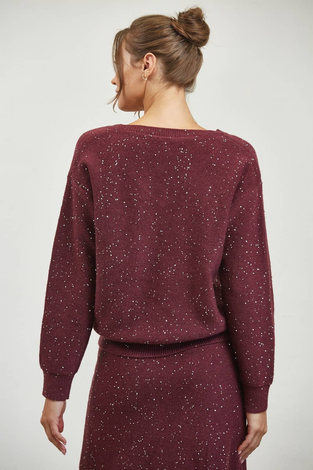 Edit by Nine - Vente Pull en maille – femme - Haut à col en V mélangé à sequins5
