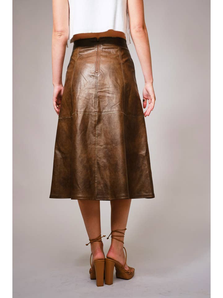BROWN 37012S - Zigzag Seam Washed Faux Leather Midi Skirt for wholesale on Faire2