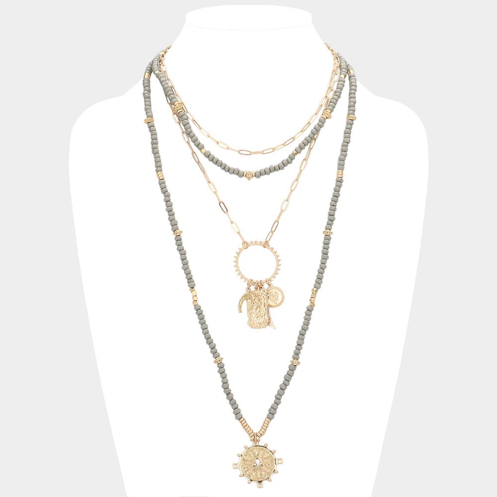 Sensibling Corp. – wholesale Pendant/charm necklace – Double Horn Evil Eye Centered Pendant Wood Beaded Multi Layered Necklace0