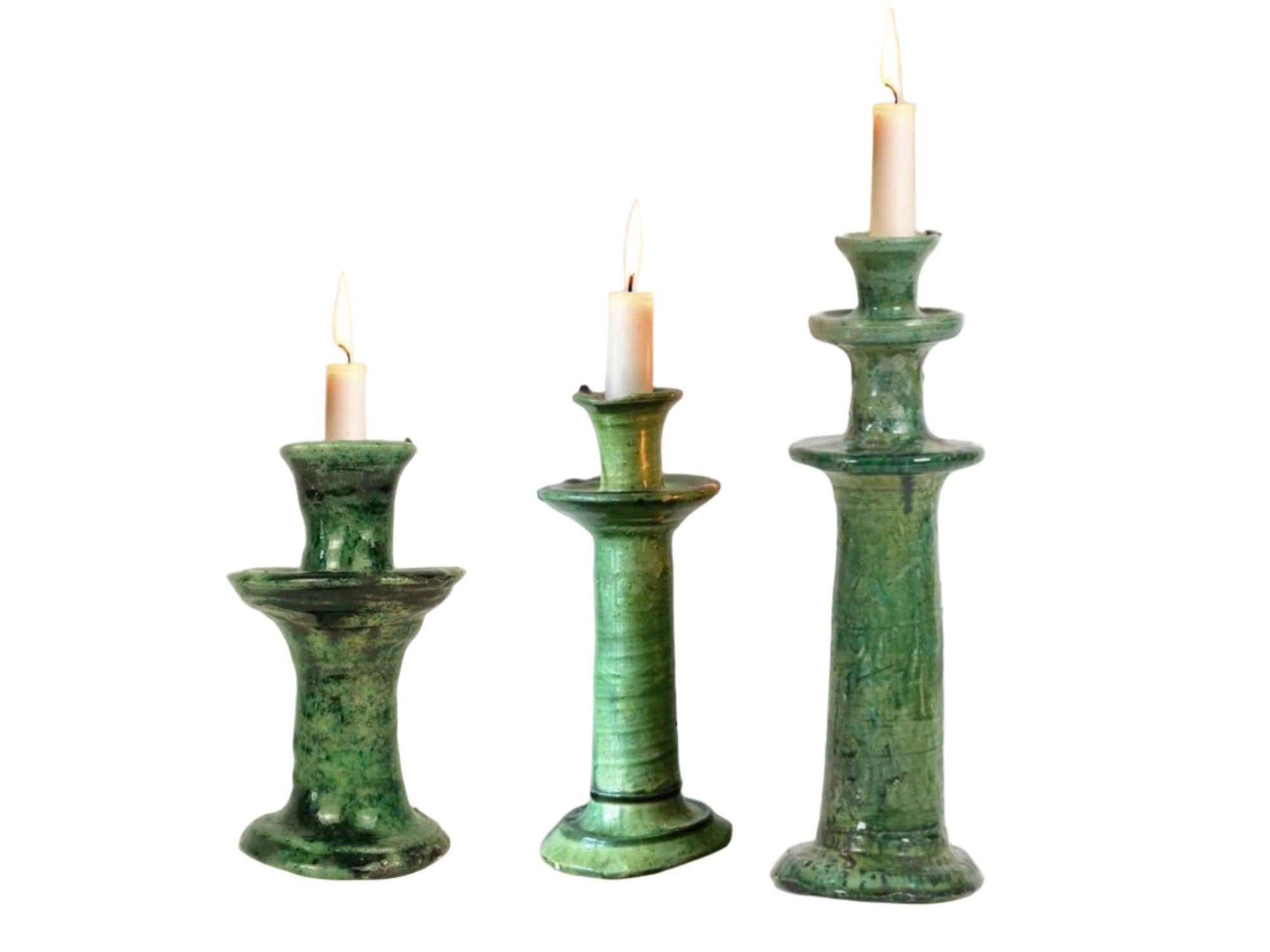 Moroccantastics - Wholesale Candle Holder - Handmade Tamegroute Candleholder Set – Tall Green Moroccan Pottery: Set of 3 Ceramic Glazed Pottery5