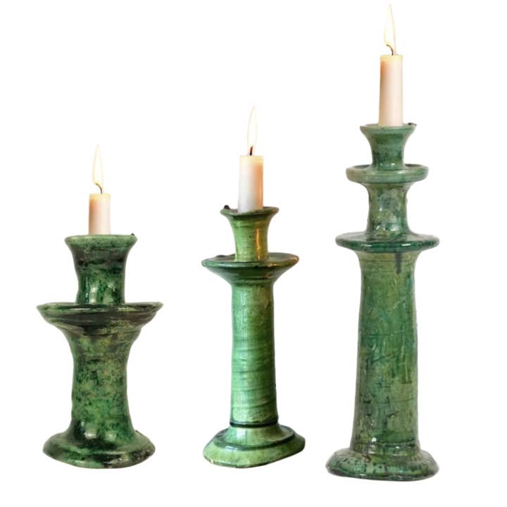 Moroccantastics - Wholesale Candle Holder - Handmade Tamegroute Candleholder Set – Tall Green Moroccan Pottery: Set of 3 Ceramic Glazed Pottery5