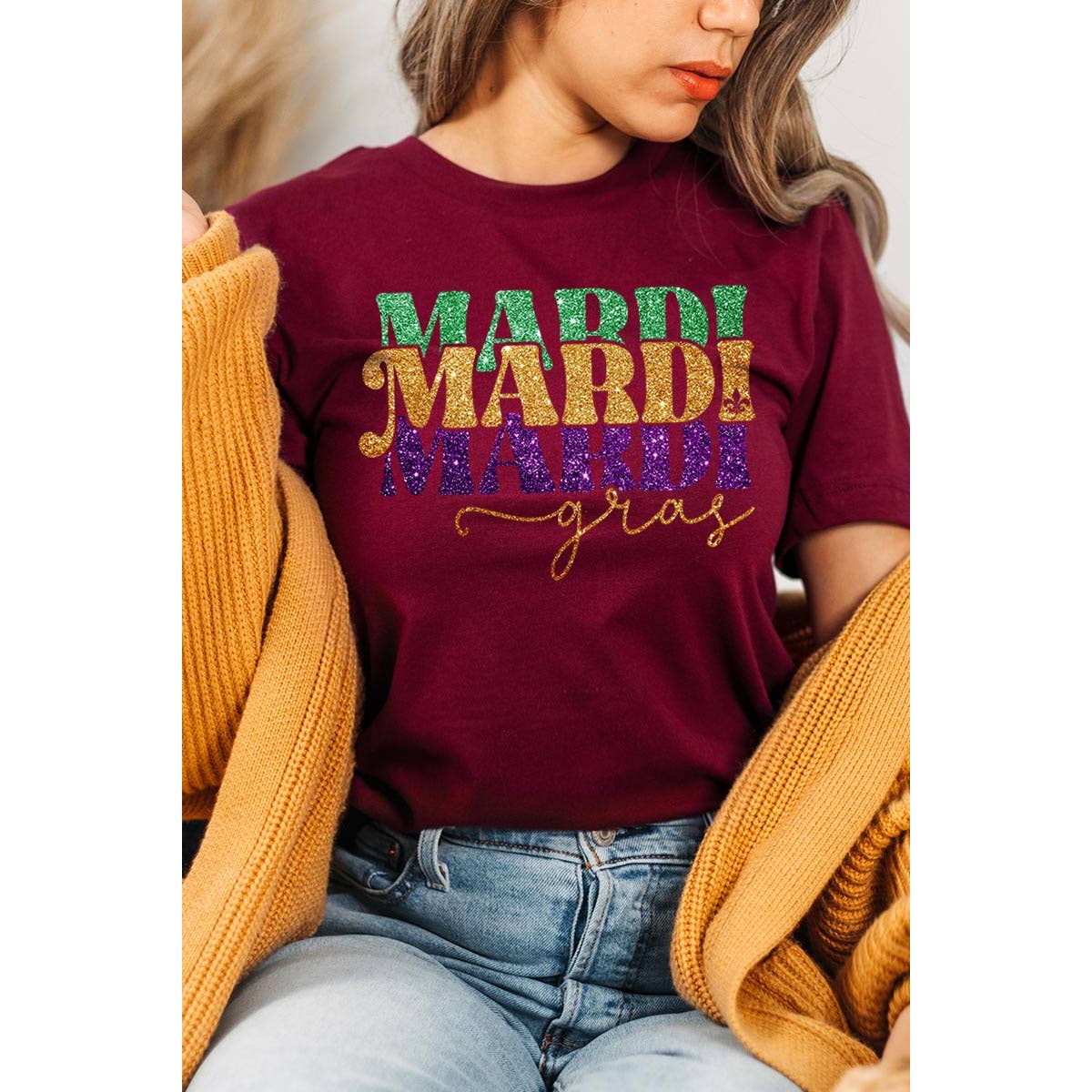 COLORBEAR - Wholesale Screen Printed T-Shirt - Women's - MARDI GRAS,FAUX GLITTER UNISEX SHORT SLEEVE,GRAPHIC7