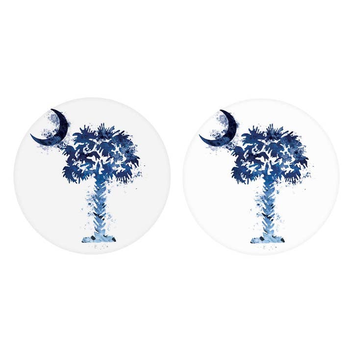 Zuid-Carolina Blauwe Waterkleur Palmbomen Op Wit | Absorberende Auto Onderzetters | Set van 2 | Min 4 voor wholesale door Love Local