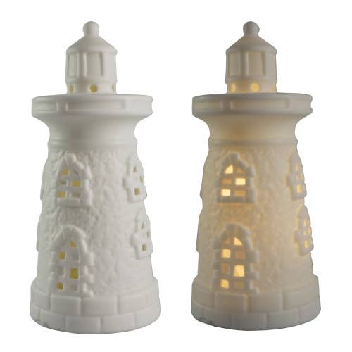 Porcelain 5 inch White LED Lighthouse for wholesale by Barry-Owen Co., Inc.