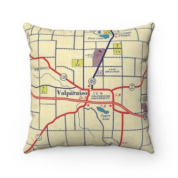 Daisy Mae Designs - Wholesale Throw/Decorative Pillow - Valparaiso University Indiana Map Pillow0
