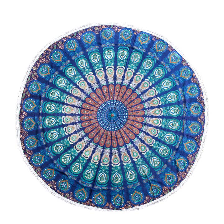 Toile ronde "Mandala Bleu" à pompons en coton pour la vente par KARMA YOGA SHOP