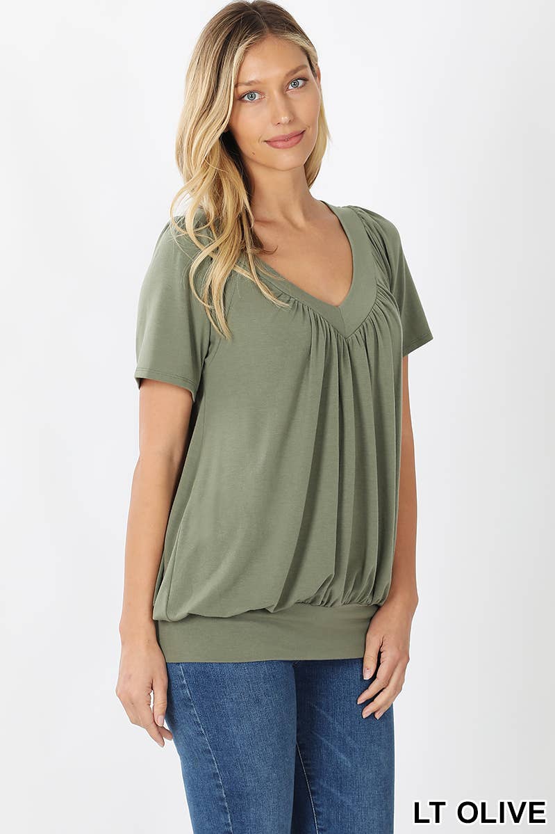42POPS - Wholesale Blouse - Women's - ",.SHIRRED V-NECK SHORT SLEEVE TOP12
