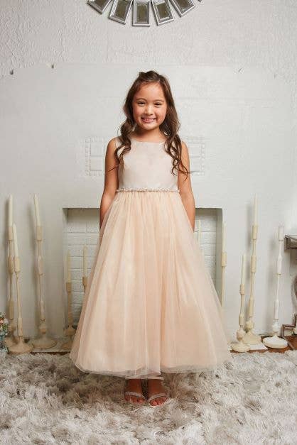 Kid's Dream - Wholesale Dress - Kids - Satin Top Girls Dress with Wavy Rhinestone & Pearl Trim1
