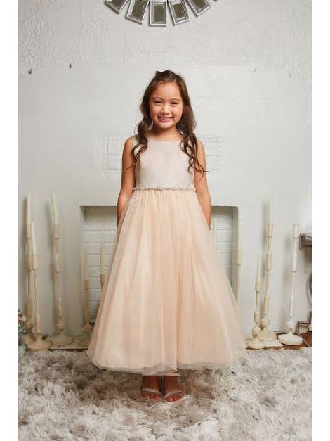 Kid's Dream - Wholesale Dress - Kids - Satin Top Girls Dress with Wavy Rhinestone & Pearl Trim1