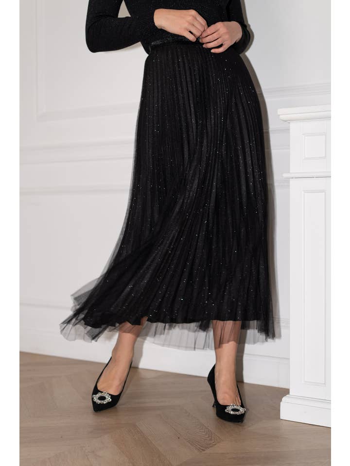 black black Shiny pleated tulle skirt with shiny lining - CK08100 for wholesale on Faire