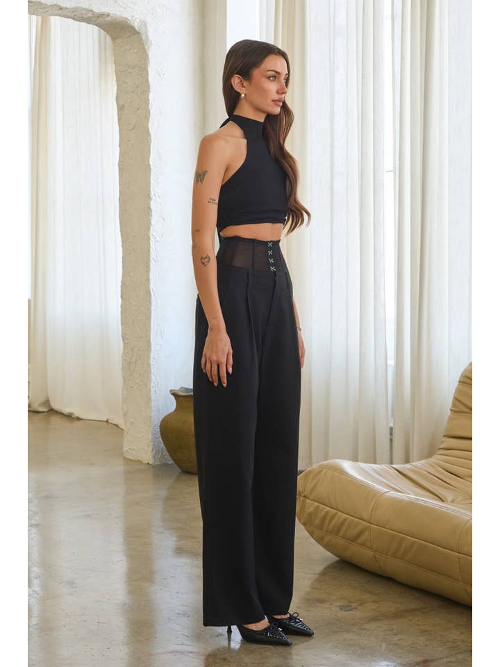 Black Mesh corset hook & eye wide leg woven slacks for wholesale on Faire3