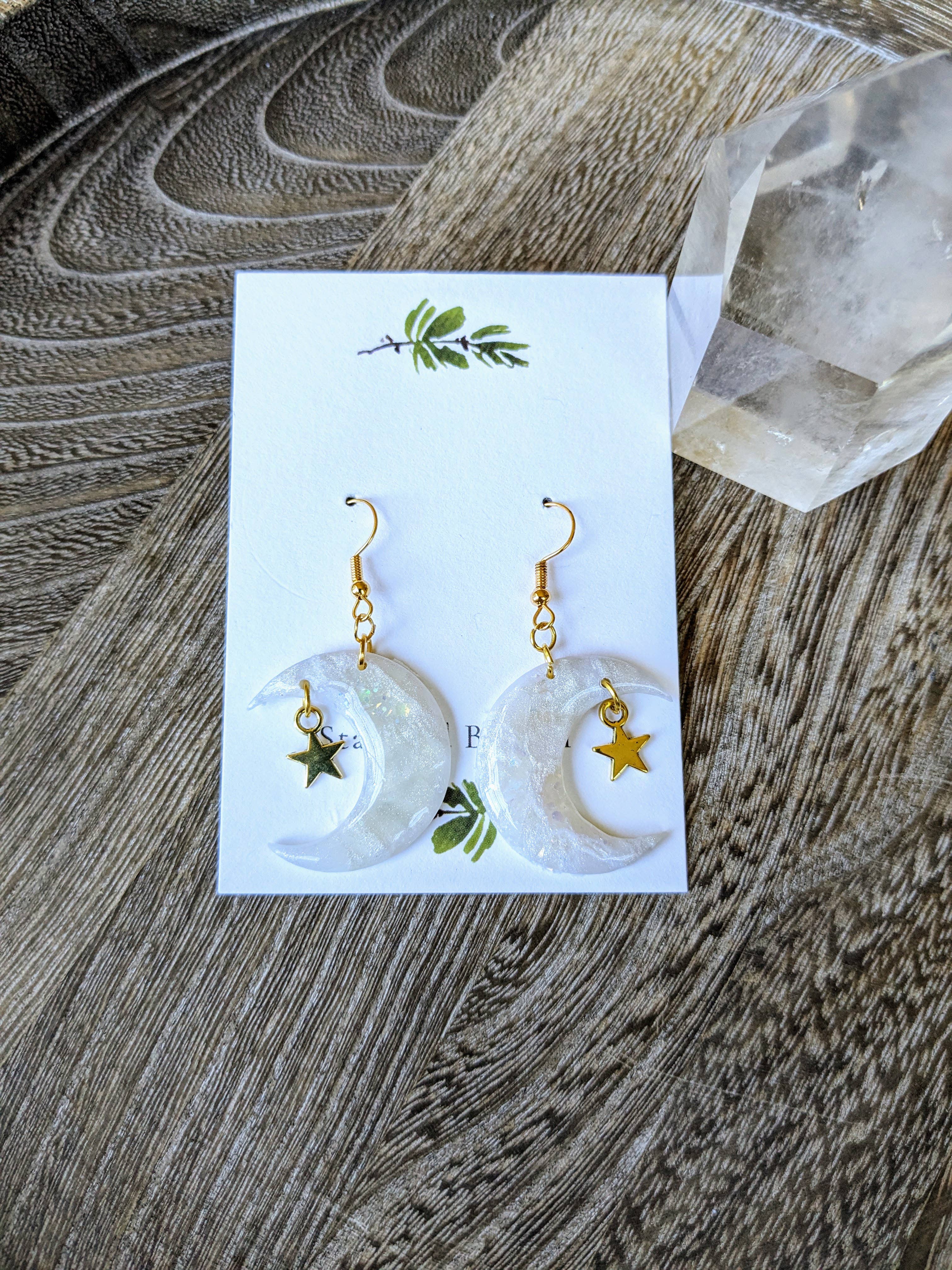 Stag and Branch - Wholesale Dangle Earrings - Pearlescent Cresent Moon and Star Polymer Clay Earrings0