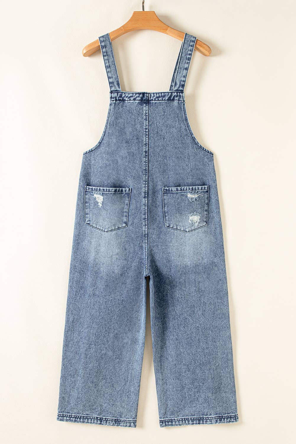 Babs + Birdie - Wholesale Overalls - Women's - Indigo | Distressed Bib Pocket Wide Leg Denim Overall1