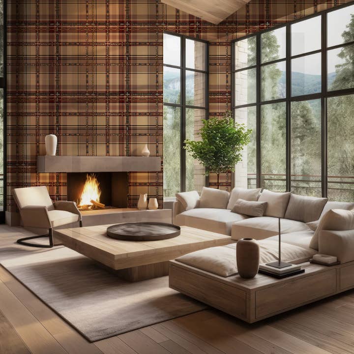 Farmhouse Plaid Wallpaper Bit and Rein Pattern Traditional Red and Brown Plaid Luxury Equestrian Home Decor for wholesale by All Designs Equine