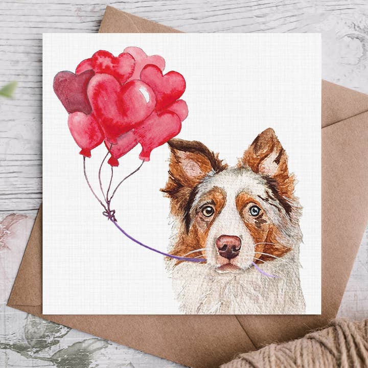 Biglietto di San Valentino Red Merle Border Collie per la vendita all'ingrosso da parte di Cloud Jellybean Art