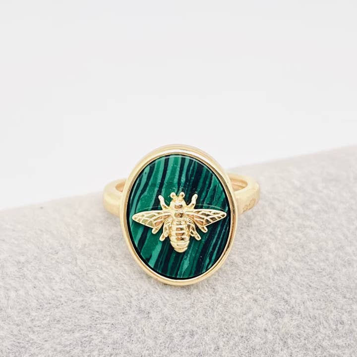 Mio Queena - Wholesale Cocktail/Statement Ring - Natural Stone Golden Bee Opening Adjustable Ring - CS