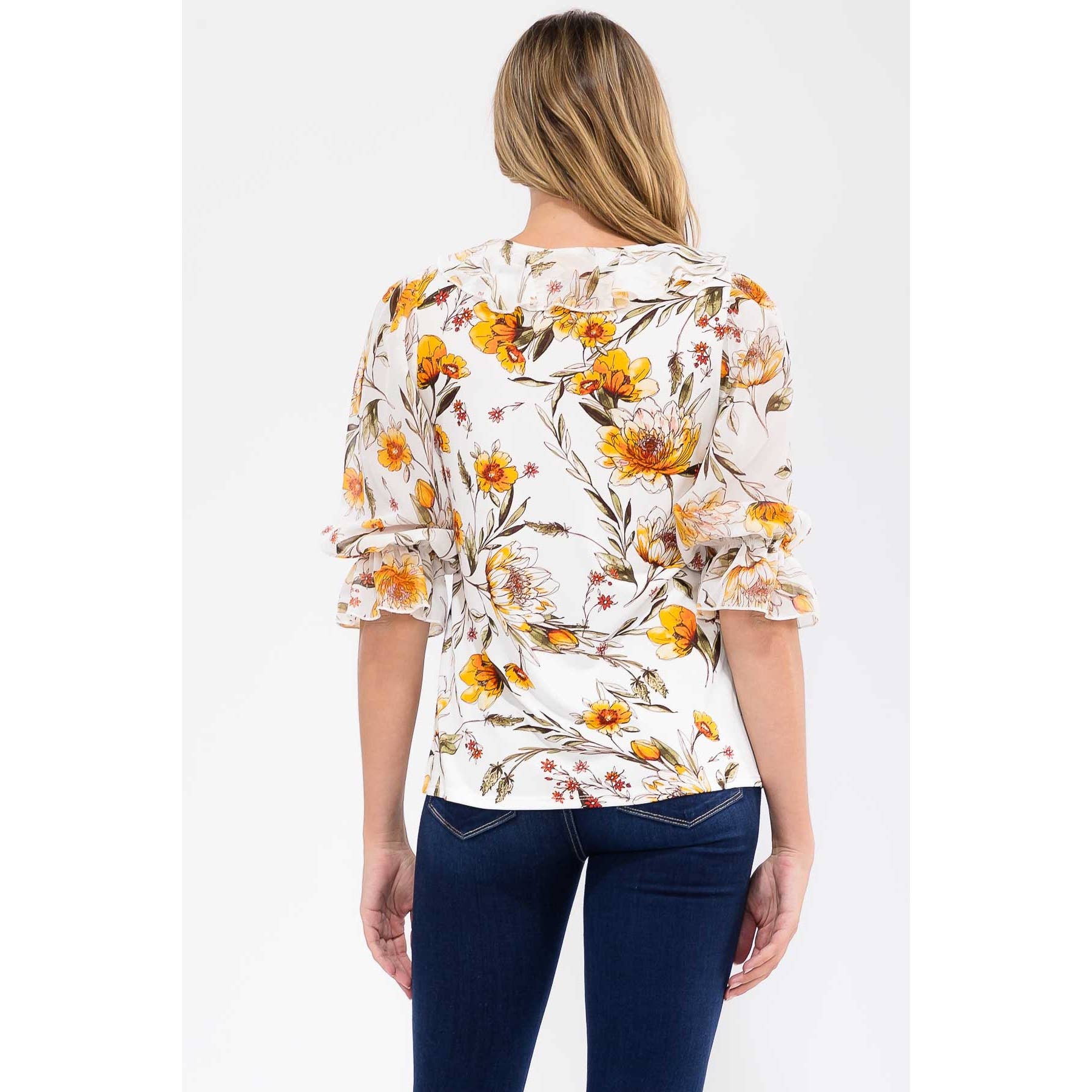 AVORIO/GIALLO/VERDE Blusa a cascata in misto floreale multimediale in vendita all'ingrosso su Faire2