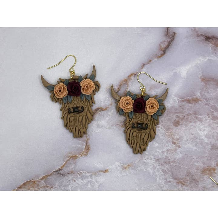 Floral Highland Cow Earrings, Cow Earrings, Polymer Clay Earrings, Longhorn, Handmade jewelry, Floral Cow Earrings, Highland Cow Jewelry for wholesale by The Clay Arches