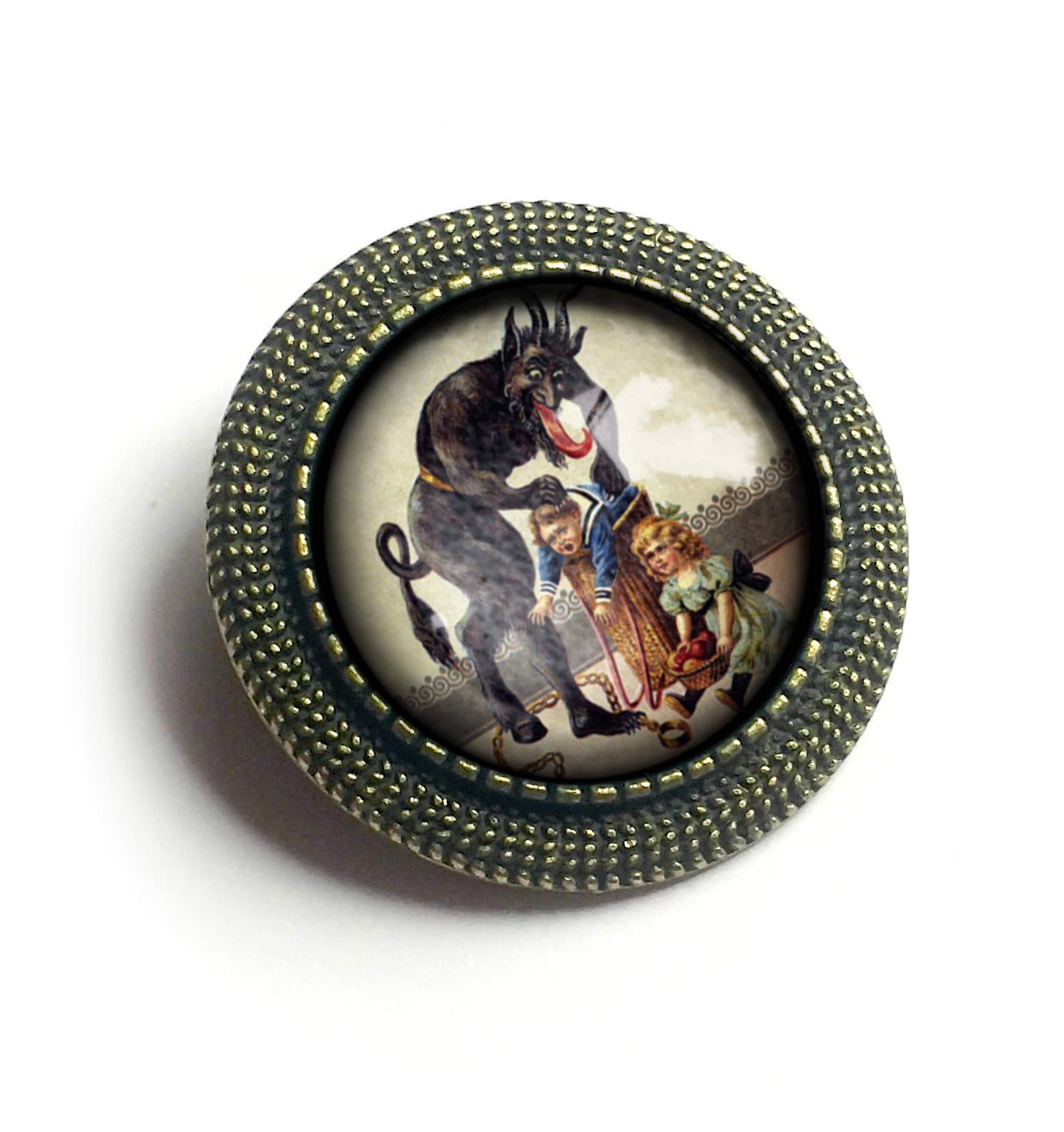 The Divine Iguana - Wholesale Brooch - Krampus With Naughty Child in Barrel Goth Holiday Brooch