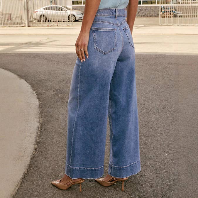 Blue Women's Casual Wide Leg Stretch Washed Denim Pants  for wholesale on Faire2