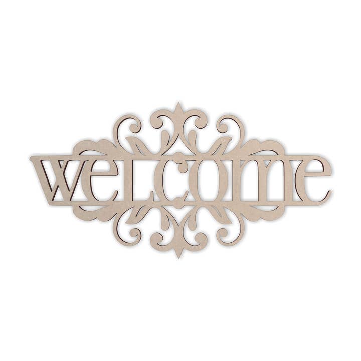 Wooden Flourish Welcome Sign, Wooden Cutout, Wall Art for wholesale by Jess and Jessica