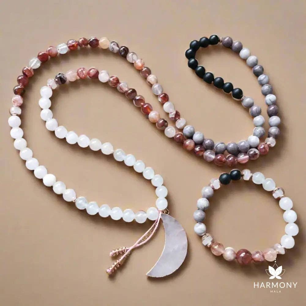 Harmony Mala - Wholesale Prayer Beads Necklace - Rose Quartz, Black Onyx, Fire Quartz Mala Bead Necklace 4